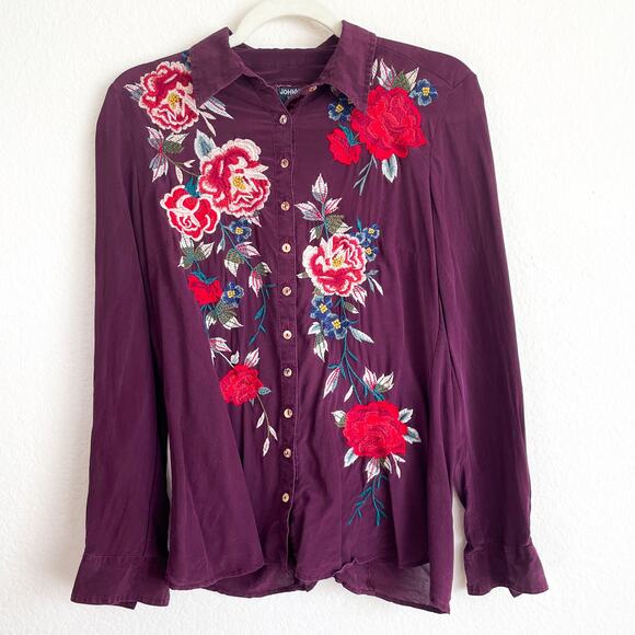 JOHNNY WAS Purple Floral Embroidered Long Sleeve Silk Top - Picture 7 of 12